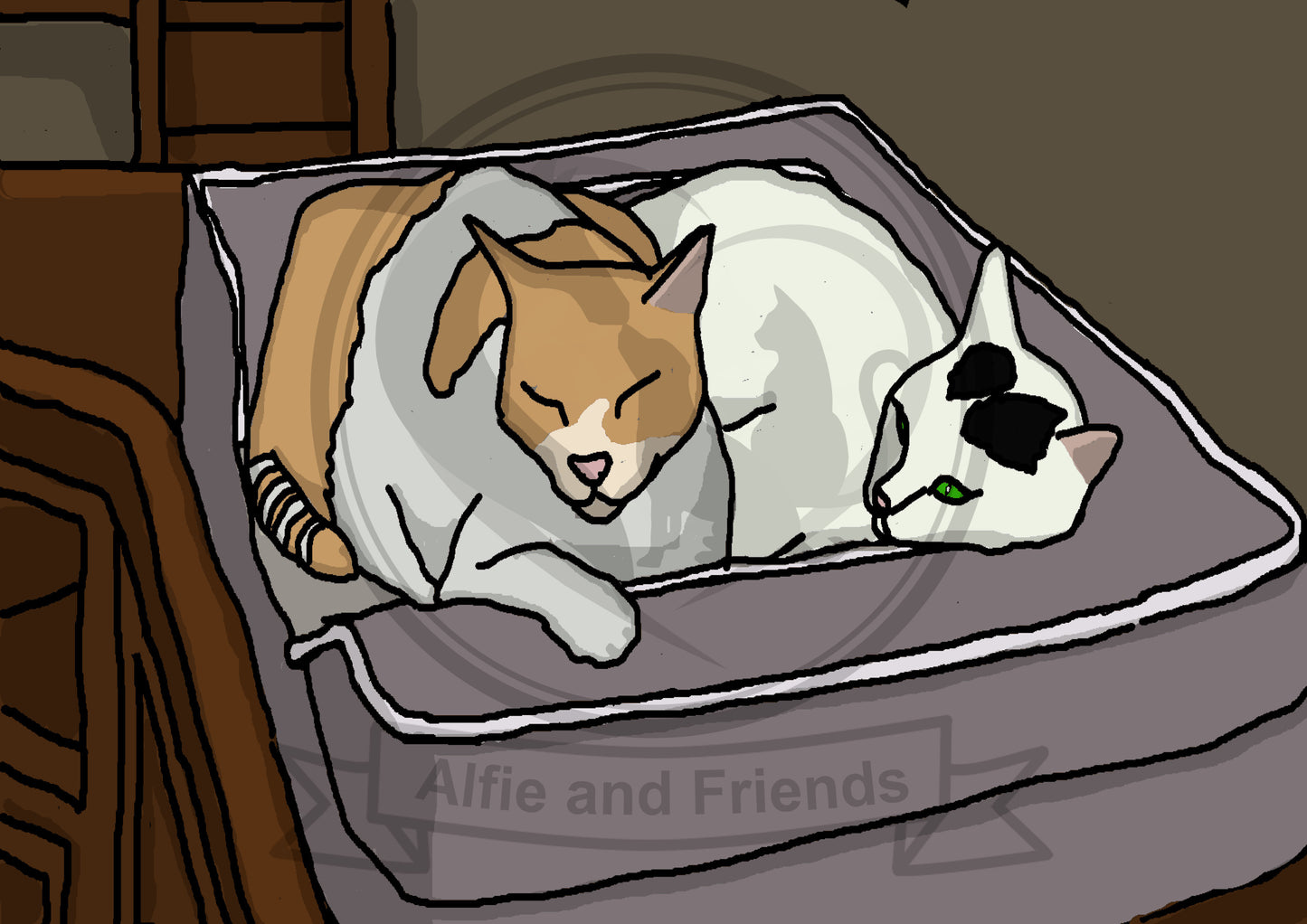 Digital cartoon artwork. Two sleeping cats.