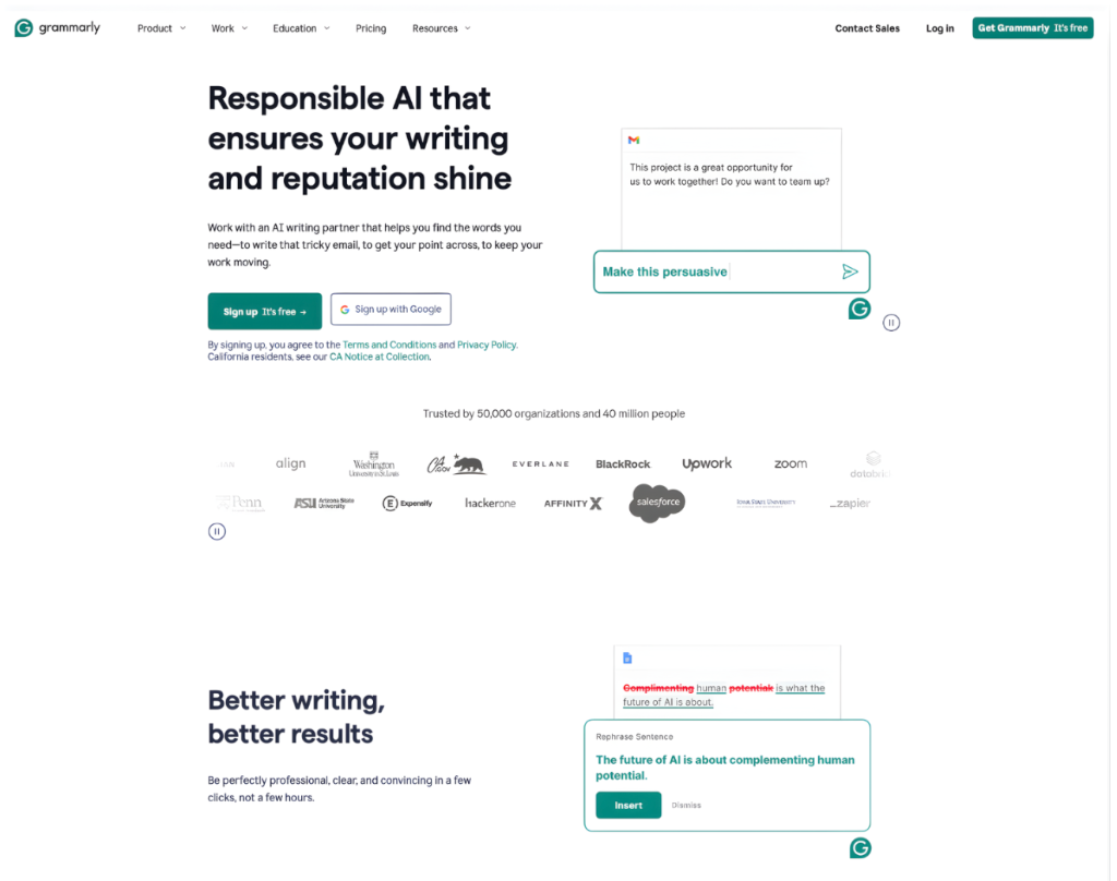 Grammarly landing page showing AI features