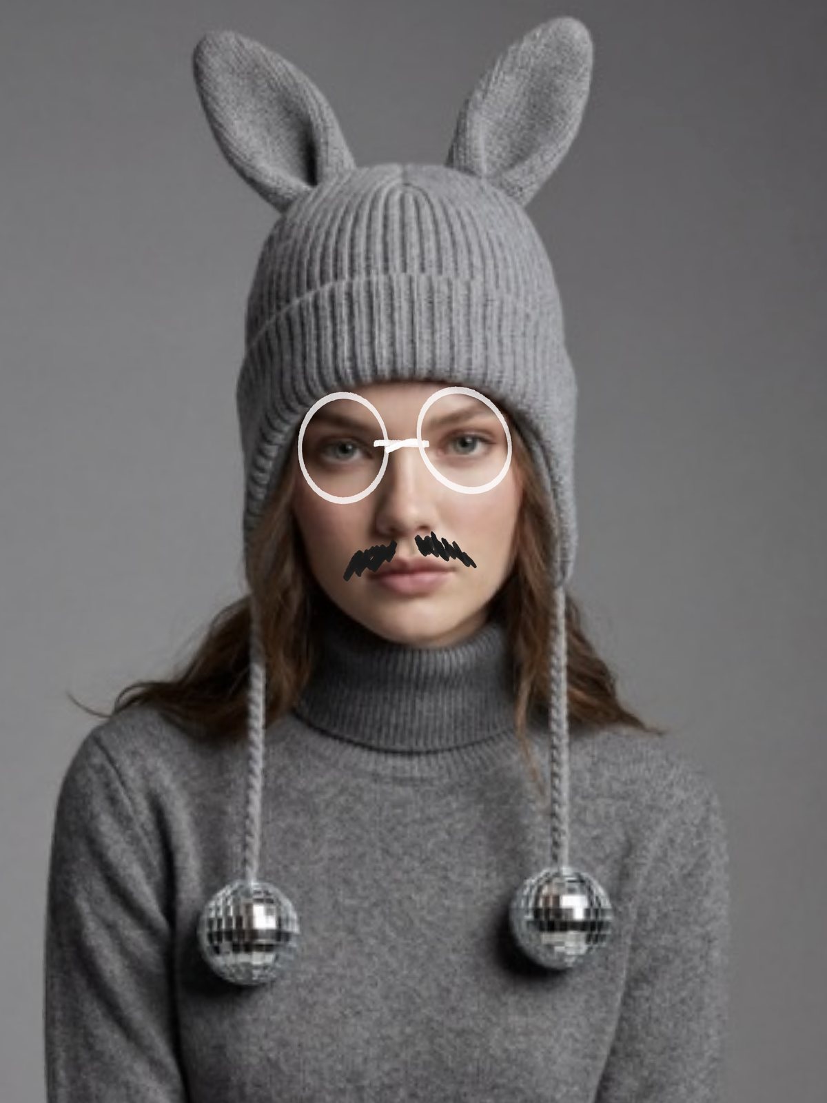Person wearing bunny-ear knit balaclava with round glasses and disco ball pendants