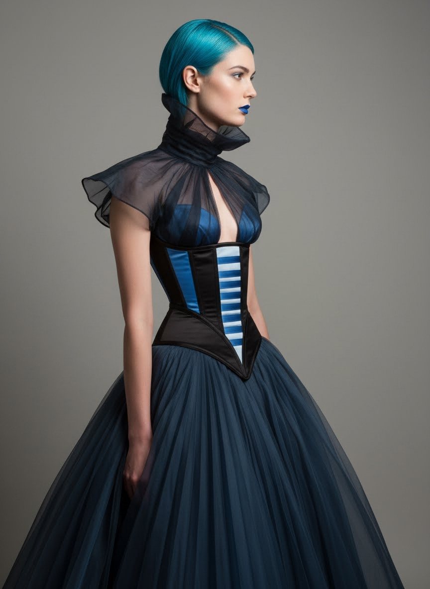 Model with teal hair in dark navy tulle ballgown with structured black corset