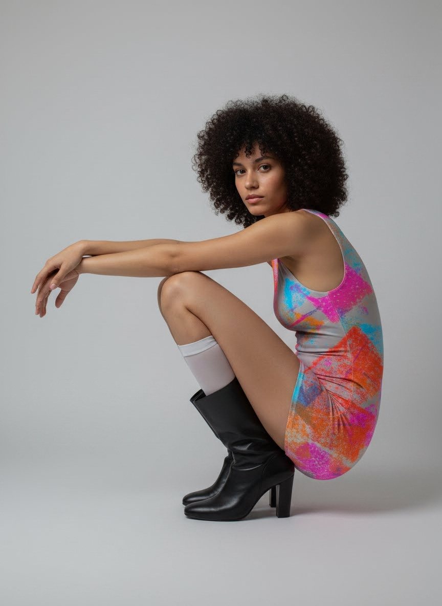 Model seated wearing colorful abstract-print mini dress with black boots
