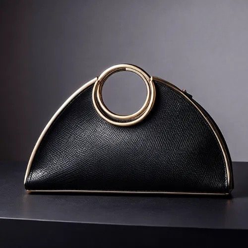 Black leather half-moon clutch with gold ring handle on dark surface