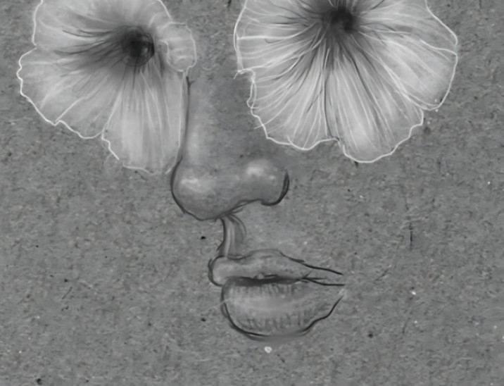 Grey illustration of a face with flowers for eyes