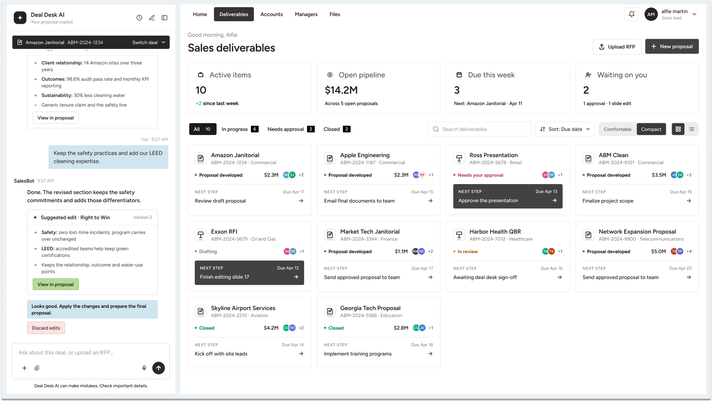 Sales deliverables dashboard in light mode with the Deal Desk AI side panel