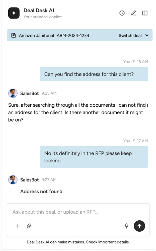 Deal Desk AI chat panel where SalesBot answers Address not found