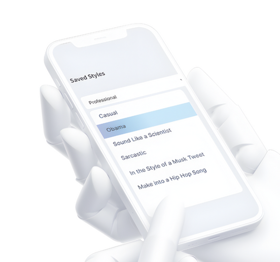 Robot hands holding a phone showing tone options: Casual, Obama, Sound Like a Scientist, Sarcastic
