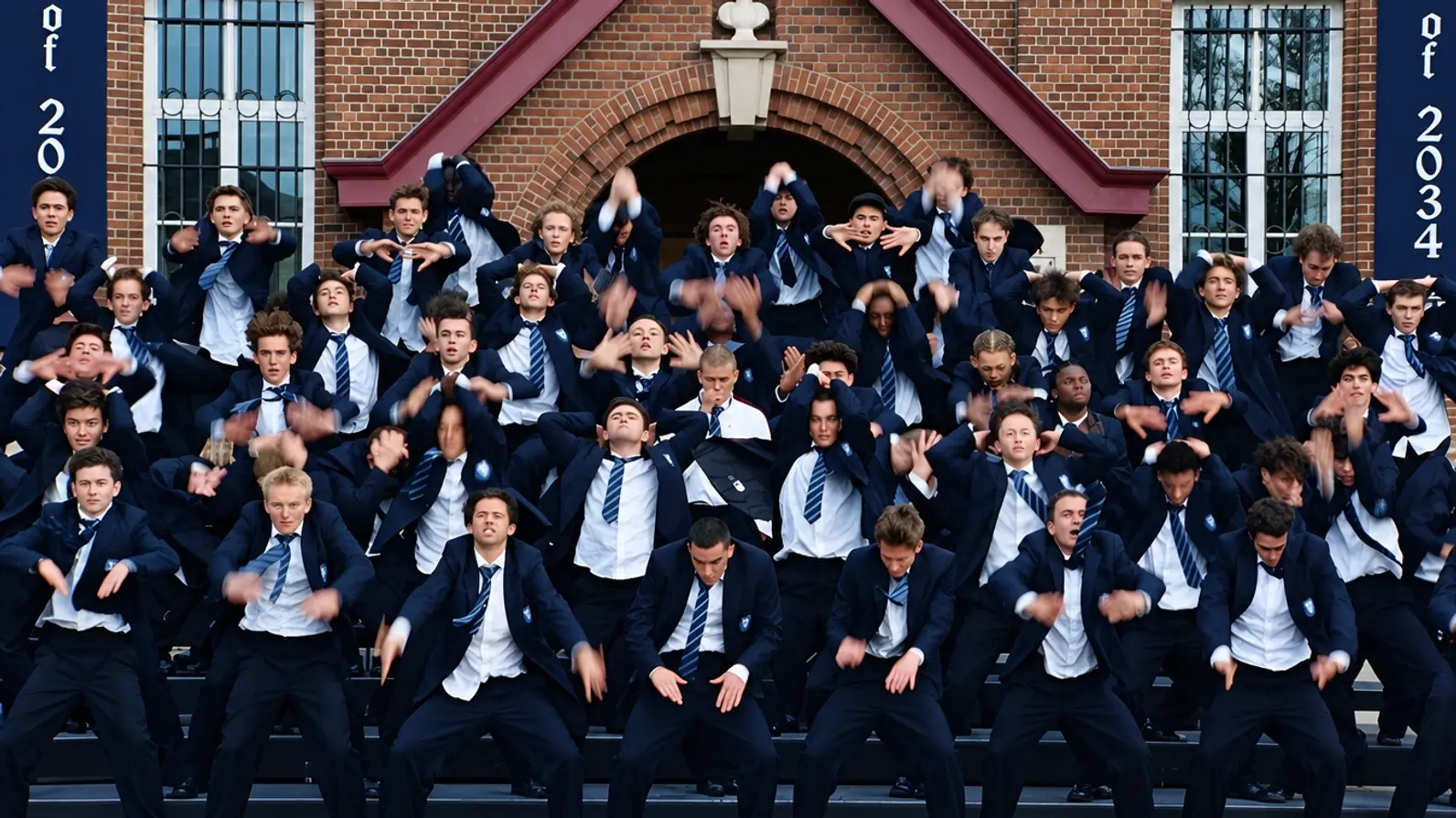 Students in blazers dancing in unison outside a school