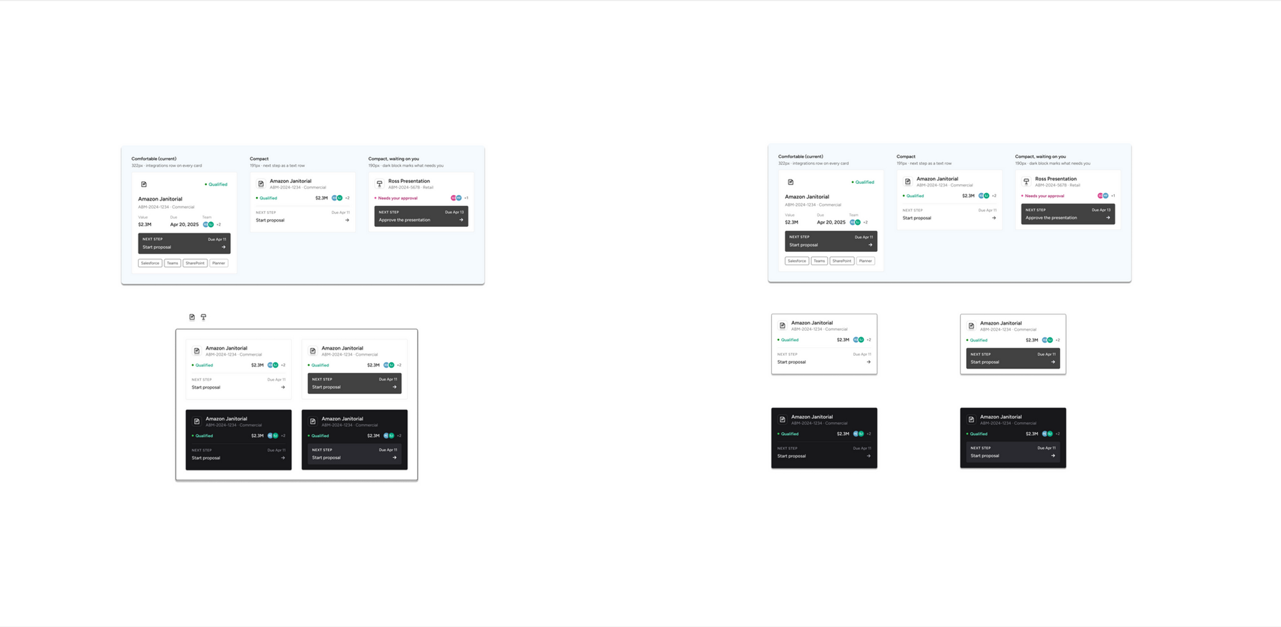Compact client card variants in comfortable, compact and dark styles